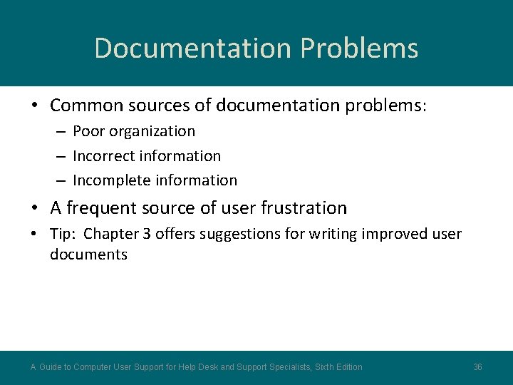 Documentation Problems • Common sources of documentation problems: – Poor organization – Incorrect information