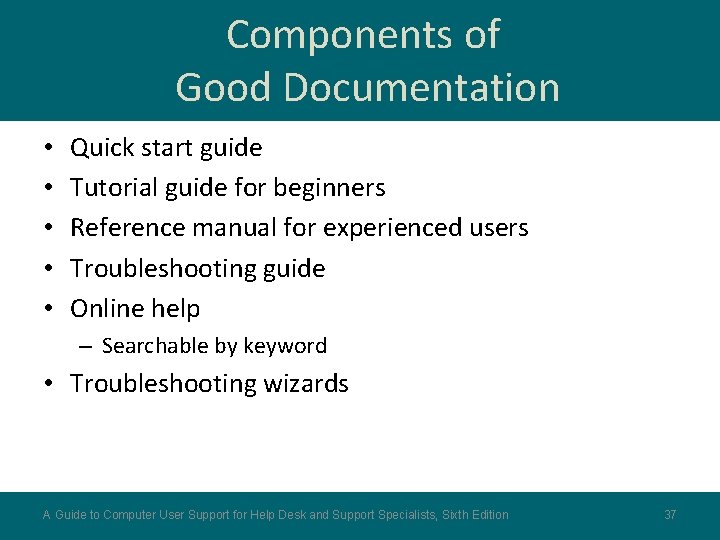 Components of Good Documentation • • • Quick start guide Tutorial guide for beginners