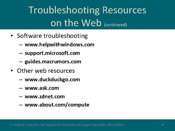 Troubleshooting Resources on the Web (continued) • Software troubleshooting – www. helpwithwindows. com –