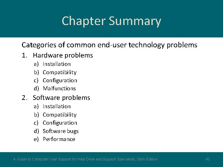 Chapter Summary Categories of common end-user technology problems 1. Hardware problems a) b) c)