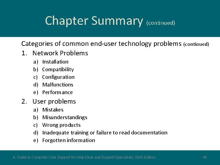 Chapter Summary (continued) Categories of common end-user technology problems (continued) 1. Network Problems a)
