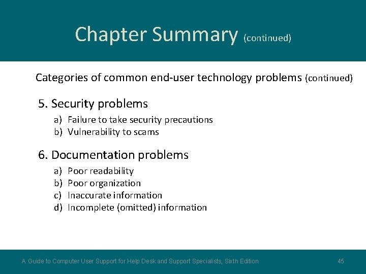 Chapter Summary (continued) Categories of common end-user technology problems (continued) 5. Security problems a)