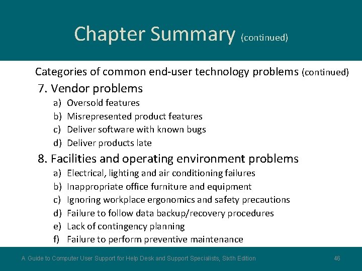 Chapter Summary (continued) Categories of common end-user technology problems (continued) 7. Vendor problems a)