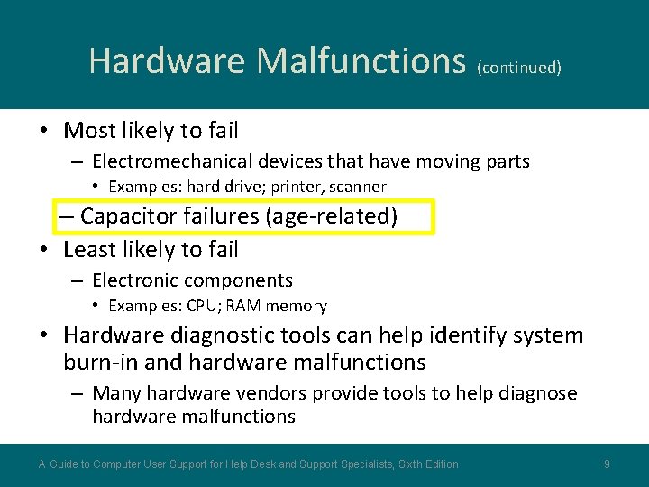 Hardware Malfunctions (continued) • Most likely to fail – Electromechanical devices that have moving