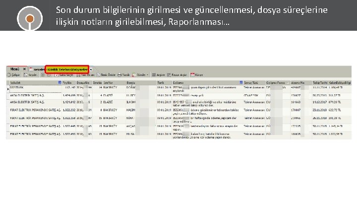 Son durum bilgilerinin girilmesi ve güncellenmesi, dosya süreçlerine ilişkin notların girilebilmesi, Raporlanması… 