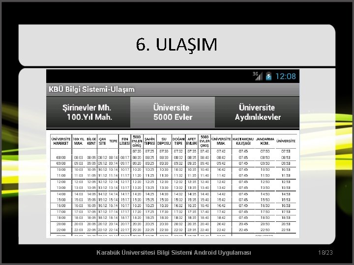 6. ULAŞIM Karabük Üniversitesi Bilgi Sistemi Android Uygulaması 18/23 