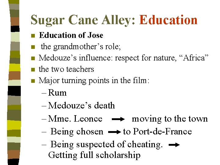 Sugar Cane Alley: Education n n Education of Jose the grandmother’s role; Medouze’s influence: