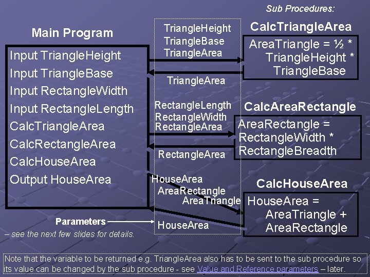 Sub Procedures: Main Program Input Triangle. Height Input Triangle. Base Input Rectangle. Width Input