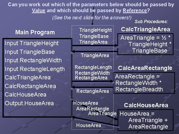 Can you work out which of the parameters below should be passed by Value