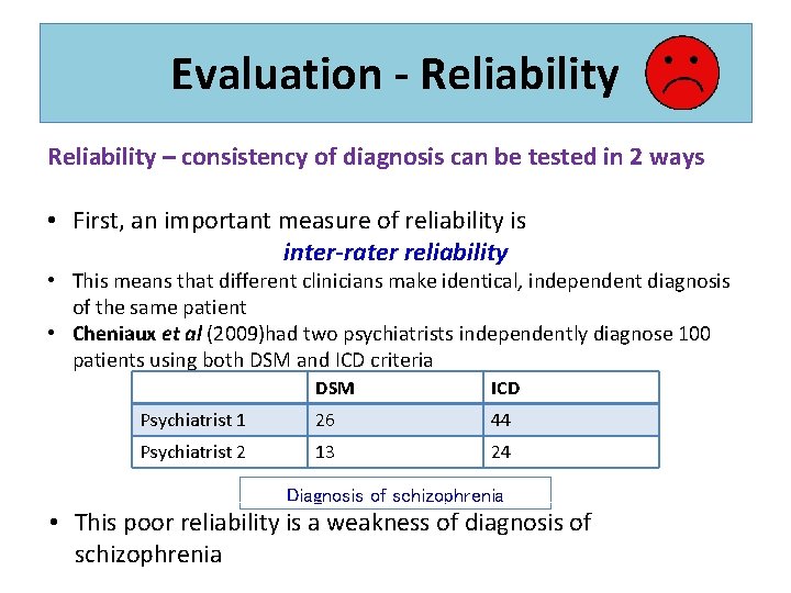 Evaluation - Reliability – consistency of diagnosis can be tested in 2 ways •