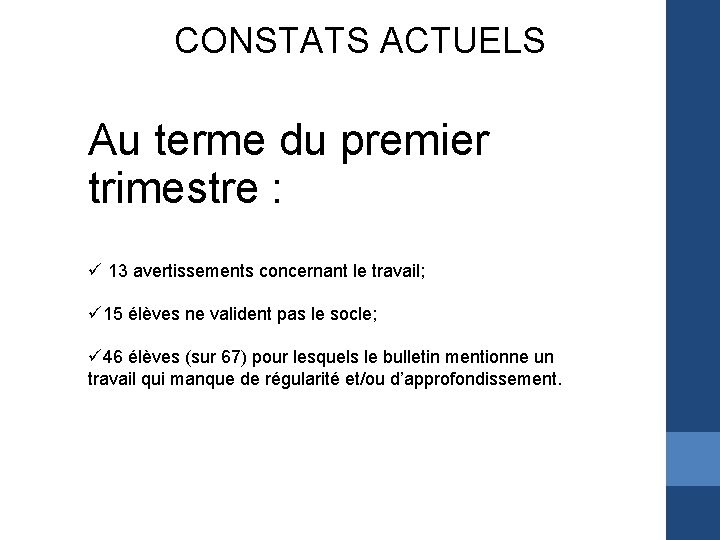 CONSTATS ACTUELS Au terme du premier trimestre : ü 13 avertissements concernant le travail;