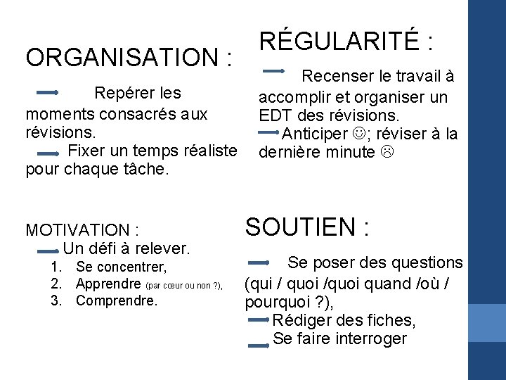 ORGANISATION : Repérer les moments consacrés aux révisions. Fixer un temps réaliste pour chaque