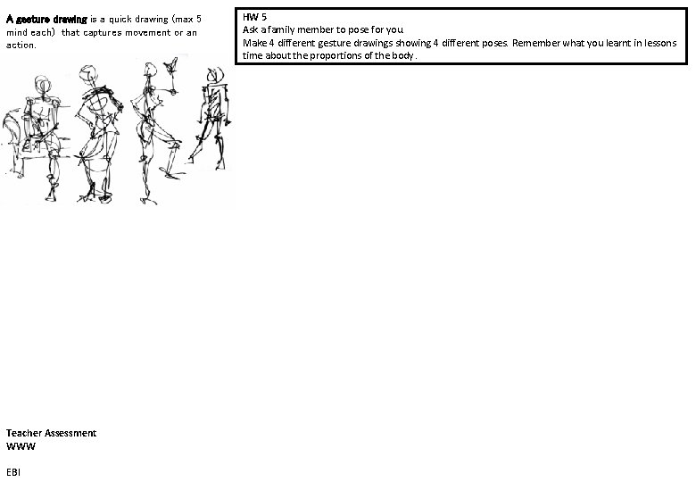 A gesture drawing is a quick drawing (max 5 mind each) that captures movement