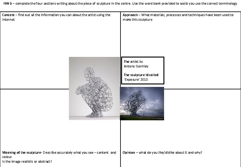 HW 6 – complete the four sections writing about the piece of sculpture in