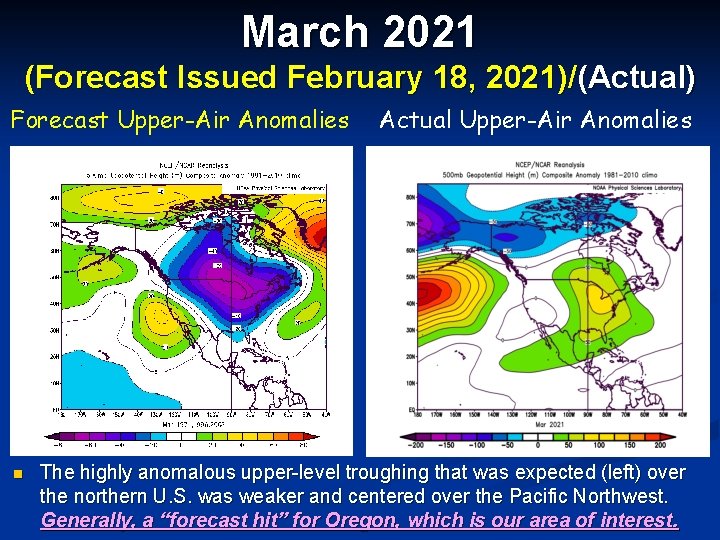 March 2021 (Forecast Issued February 18, 2021)/(Actual) Forecast Upper-Air Anomalies n Actual Upper-Air Anomalies