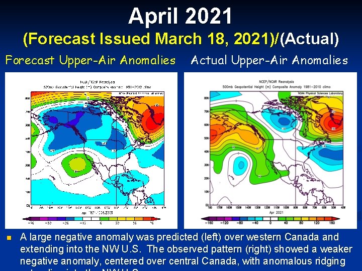 April 2021 (Forecast Issued March 18, 2021)/(Actual) Forecast Upper-Air Anomalies n Actual Upper-Air Anomalies