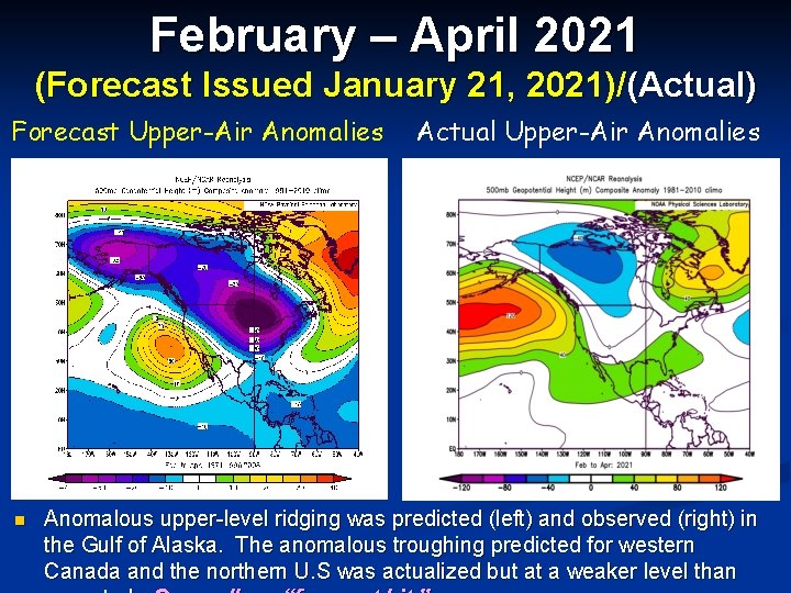 February – April 2021 (Forecast Issued January 21, 2021)/(Actual) Forecast Upper-Air Anomalies n Actual