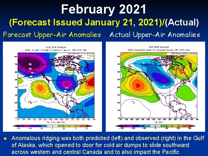 February 2021 (Forecast Issued January 21, 2021)/(Actual) Forecast Upper-Air Anomalies n Actual Upper-Air Anomalies