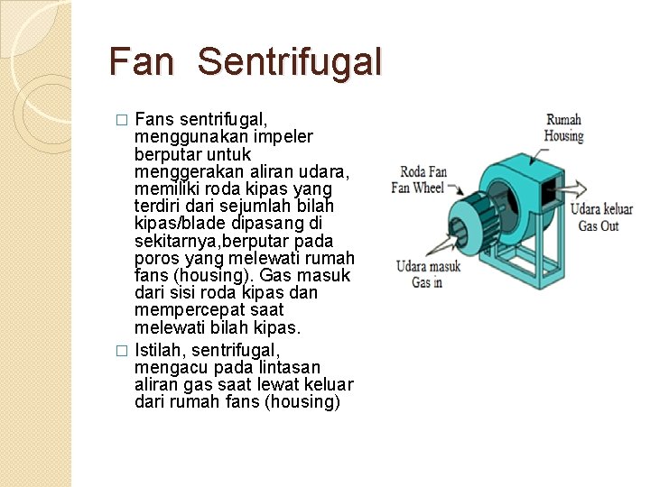 Fan Sentrifugal Fans sentrifugal, menggunakan impeler berputar untuk menggerakan aliran udara, memiliki roda kipas