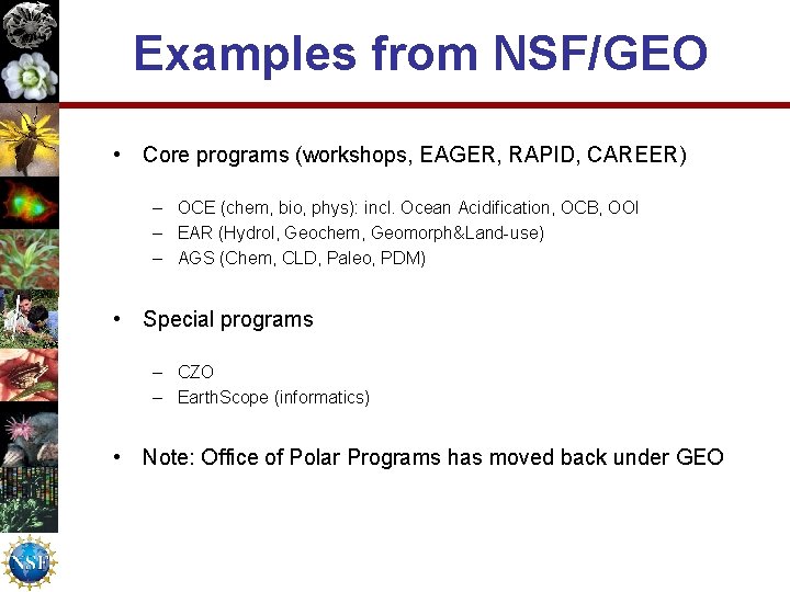 Examples from NSF/GEO • Core programs (workshops, EAGER, RAPID, CAREER) – OCE (chem, bio,