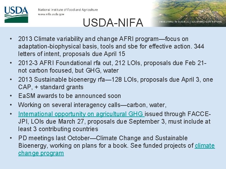 USDA-NIFA • 2013 Climate variability and change AFRI program—focus on adaptation-biophysical basis, tools and