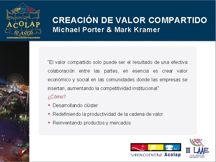 CREACIÓN DE VALOR COMPARTIDO Michael Porter & Mark Kramer “El valor compartido solo puede