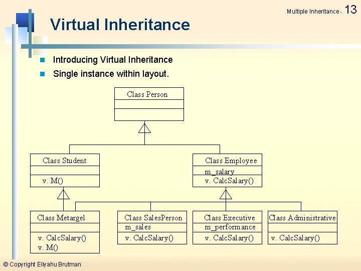 Multiple Inheritance - Virtual Inheritance n Introducing Virtual Inheritance n Single instance within layout.