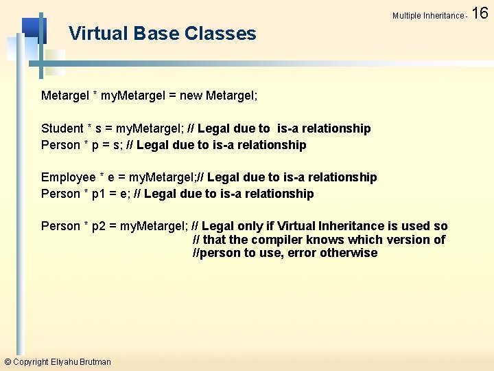 Multiple Inheritance - Virtual Base Classes Metargel * my. Metargel = new Metargel; Student