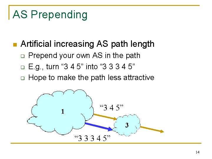 AS Prepending n Artificial increasing AS path length q q q Prepend your own