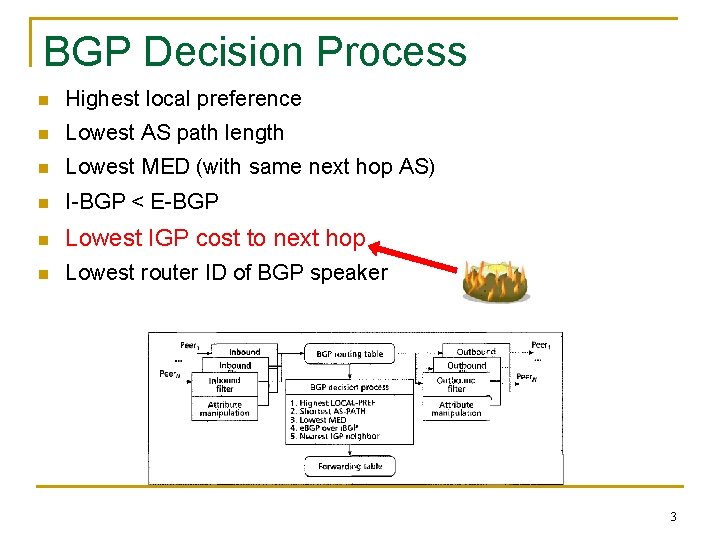 BGP Decision Process n Highest local preference n Lowest AS path length n Lowest