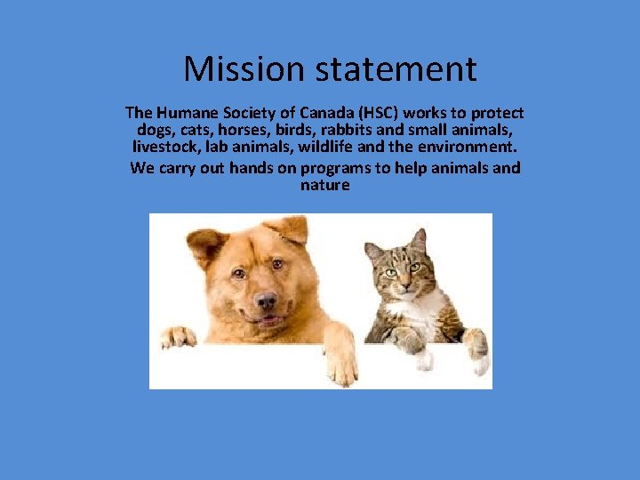 Mission statement The Humane Society of Canada (HSC) works to protect dogs, cats, horses,