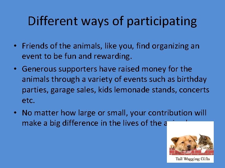 Different ways of participating • Friends of the animals, like you, find organizing an
