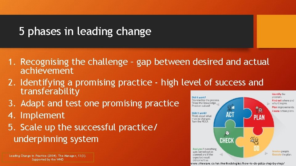 5 phases in leading change 1. Recognising the challenge – gap between desired and