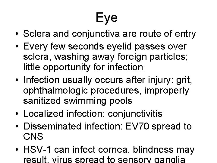 Eye • Sclera and conjunctiva are route of entry • Every few seconds eyelid