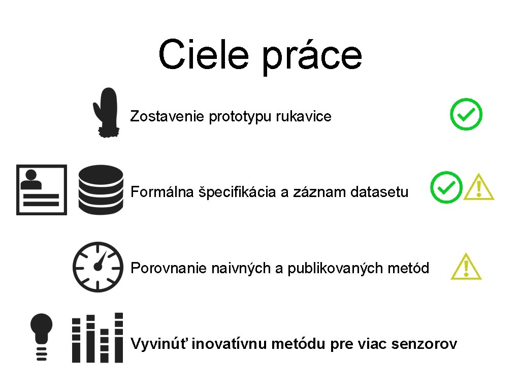 Ciele práce Zostavenie prototypu rukavice Formálna špecifikácia a záznam datasetu Porovnanie naivných a publikovaných