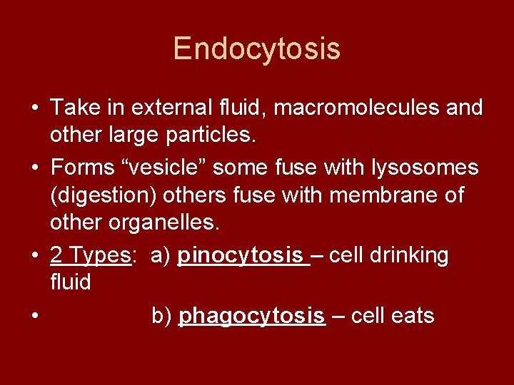 Endocytosis • Take in external fluid, macromolecules and other large particles. • Forms “vesicle”