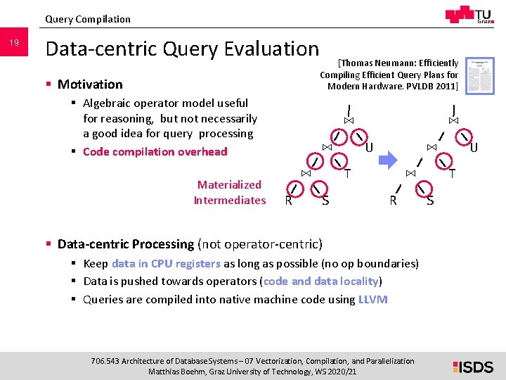Query Compilation 19 Data-centric Query Evaluation § Motivation § Algebraic operator model useful for Query Compilation 19 Data-centric Query Evaluation § Motivation § Algebraic operator model useful for
