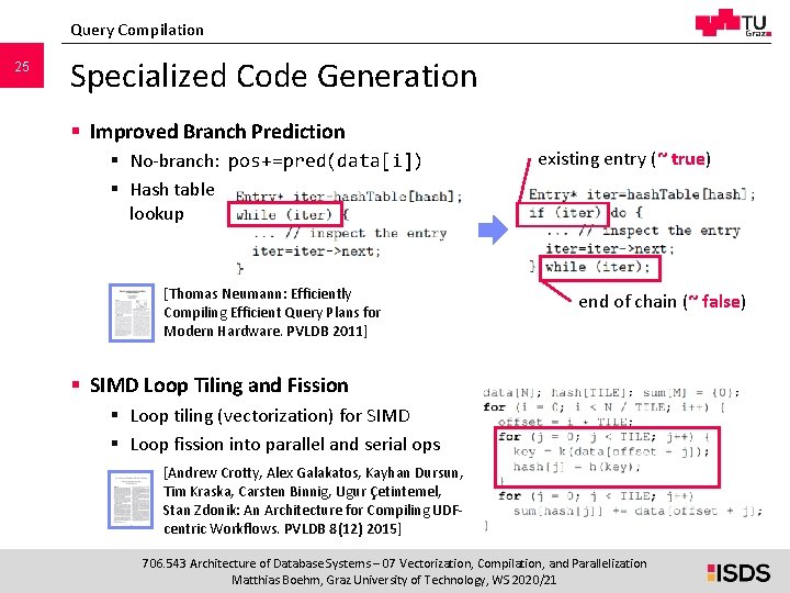 Query Compilation 25 Specialized Code Generation § Improved Branch Prediction § No-branch: pos+=pred(data[i]) §