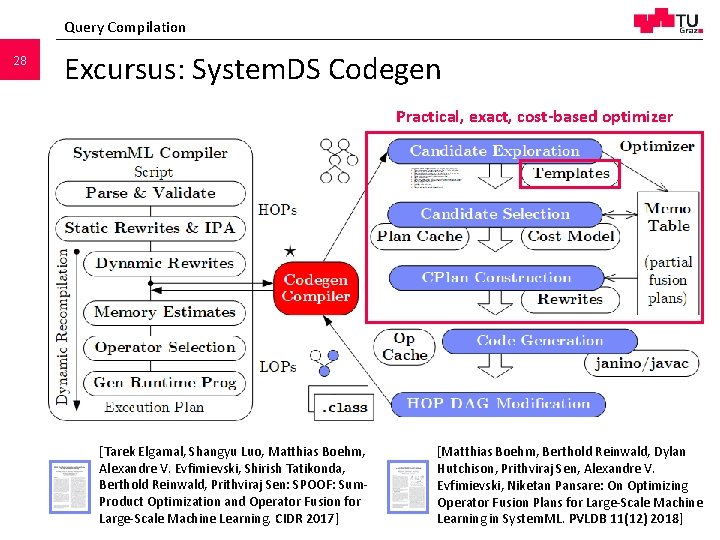 Query Compilation 28 Excursus: System. DS Codegen Practical, exact, cost-based optimizer [CIDR’ 17] (w/