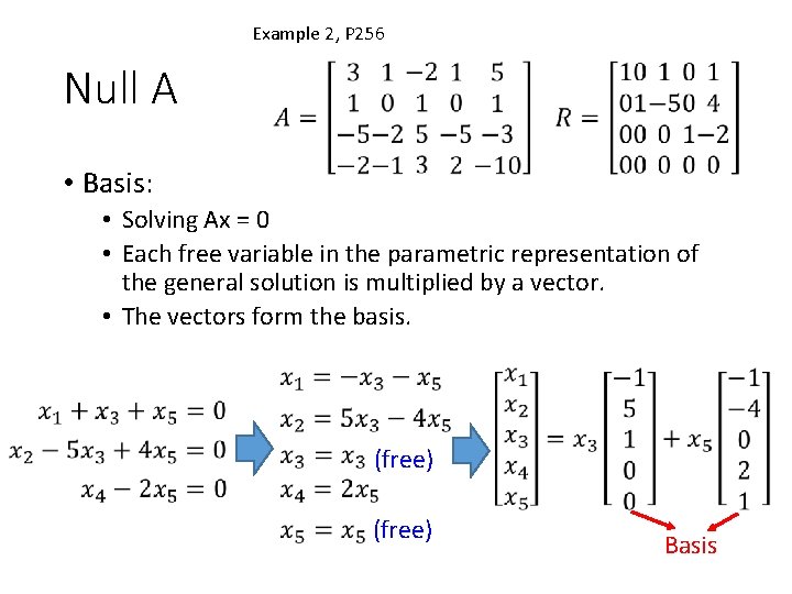 Example 2, P 256 Null A • Basis: • Solving Ax = 0 •