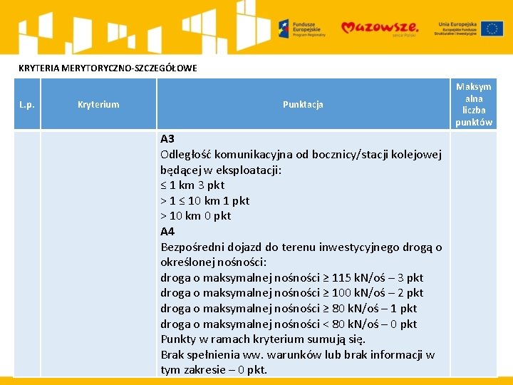 KRYTERIA MERYTORYCZNO-SZCZEGÓŁOWE L. p. Kryterium Punktacja A 3 Odległość komunikacyjna od bocznicy/stacji kolejowej będącej