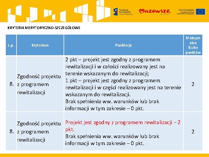 KRYTERIA MERYTORYCZNO-SZCZEGÓŁOWE L. p. Kryterium Punktacja Maksym alna liczba punktów 2 pkt – projekt