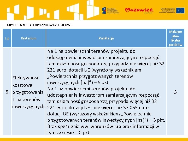 KRYTERIA MERYTORYCZNO-SZCZEGÓŁOWE L. p Kryterium Punktacja Na 1 ha powierzchni terenów projektu do udostępnienia