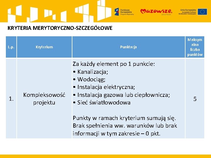 KRYTERIA MERYTORYCZNO-SZCZEGÓŁOWE L. p. 1. Kryterium Kompleksowość projektu Punktacja Za każdy element po 1