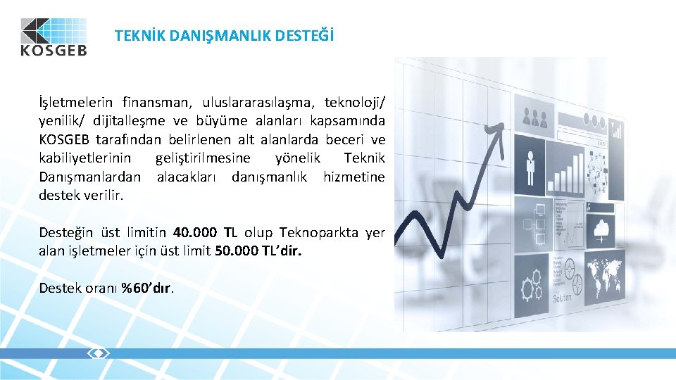 TEKNİK DANIŞMANLIK DESTEĞİ İşletmelerin finansman, uluslararasılaşma, teknoloji/ yenilik/ dijitalleşme ve büyüme alanları kapsamında KOSGEB