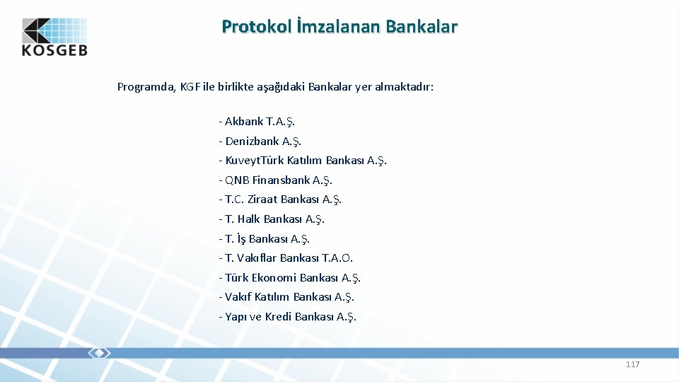 Protokol İmzalanan Bankalar Programda, KGF ile birlikte aşağıdaki Bankalar yer almaktadır: - Akbank T.