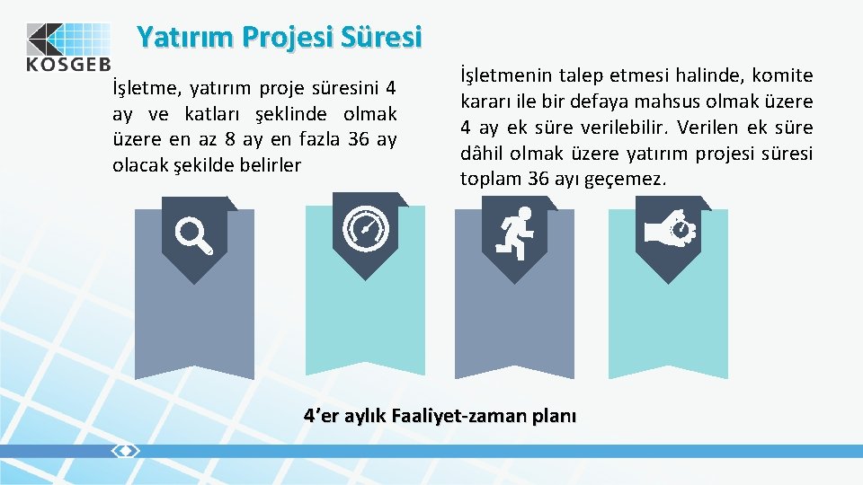 Yatırım Projesi Süresi İşletme, yatırım proje süresini 4 ay ve katları şeklinde olmak üzere