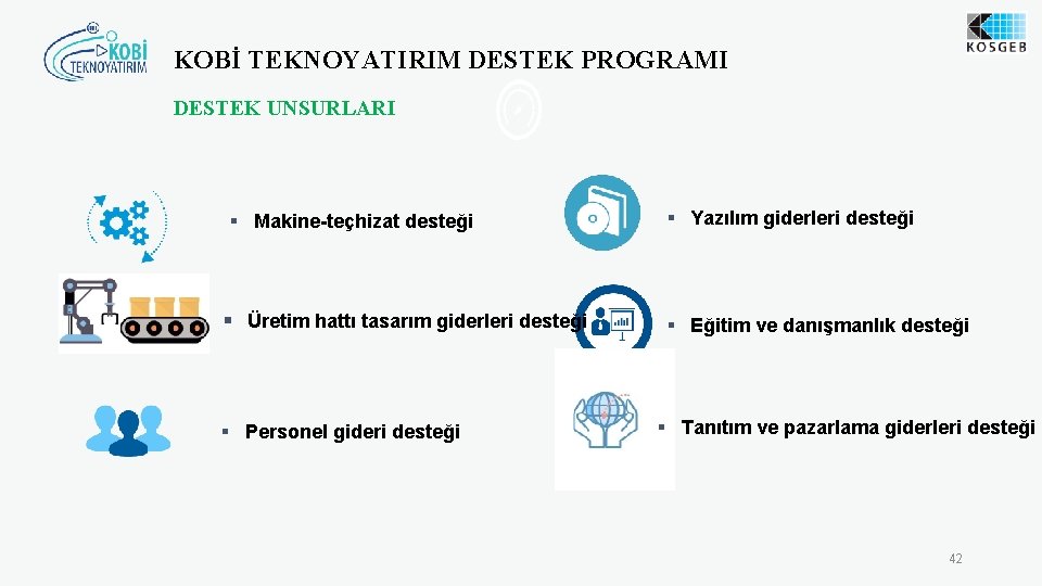 KOBİ TEKNOYATIRIM DESTEK PROGRAMI DESTEK UNSURLARI § Makine-teçhizat desteği § Üretim hattı tasarım giderleri