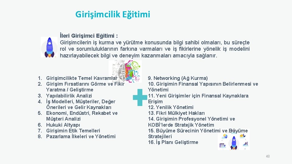 Girişimcilik Eğitimi İleri Girişimci Eğitimi : Girişimcilerin iş kurma ve yürütme konusunda bilgi sahibi