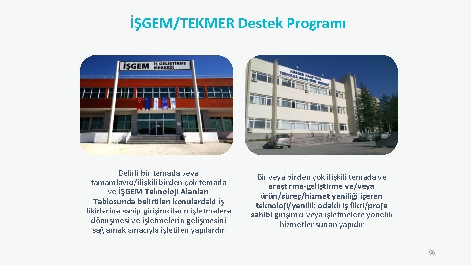 İŞGEM/TEKMER Destek Programı Belirli bir temada veya tamamlayıcı/ilişkili birden çok temada ve İŞGEM Teknoloji